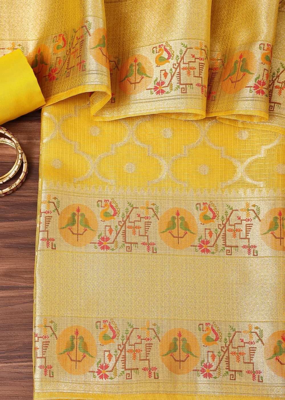 Gold Yellow Paithani Woven Silk Dress Material