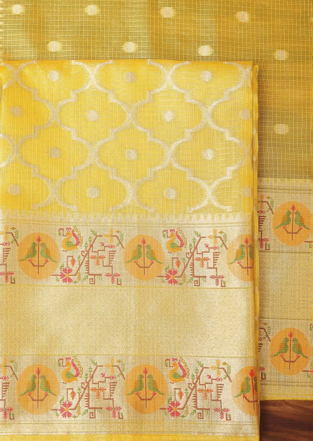 Gold Yellow Paithani Woven Silk Dress Material