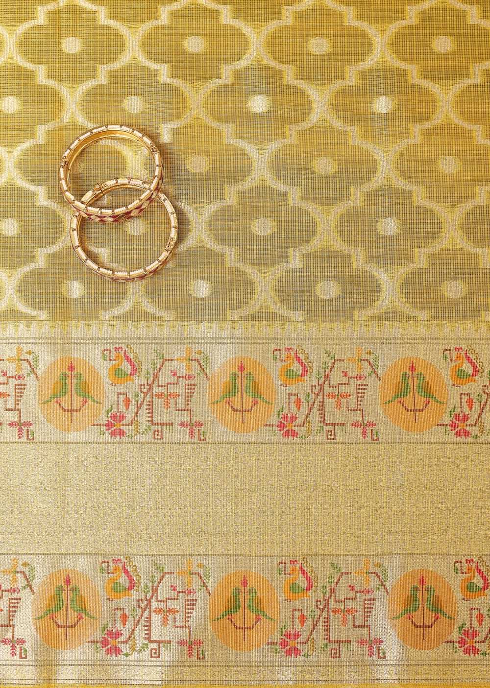 Gold Yellow Paithani Woven Silk Dress Material