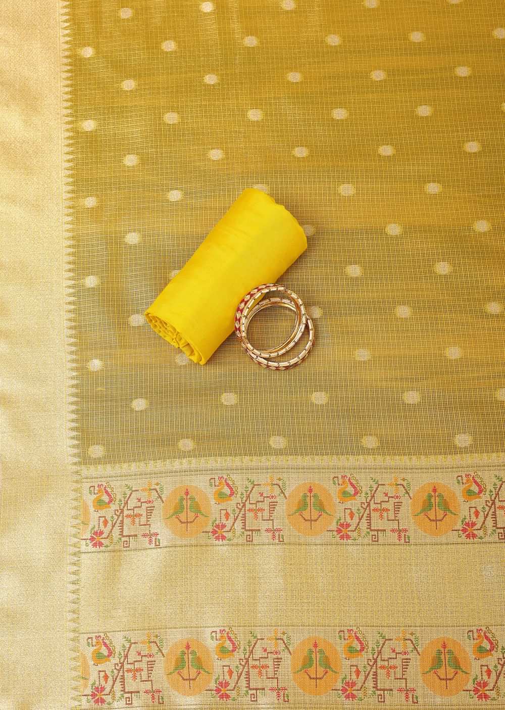 Gold Yellow Paithani Woven Silk Dress Material