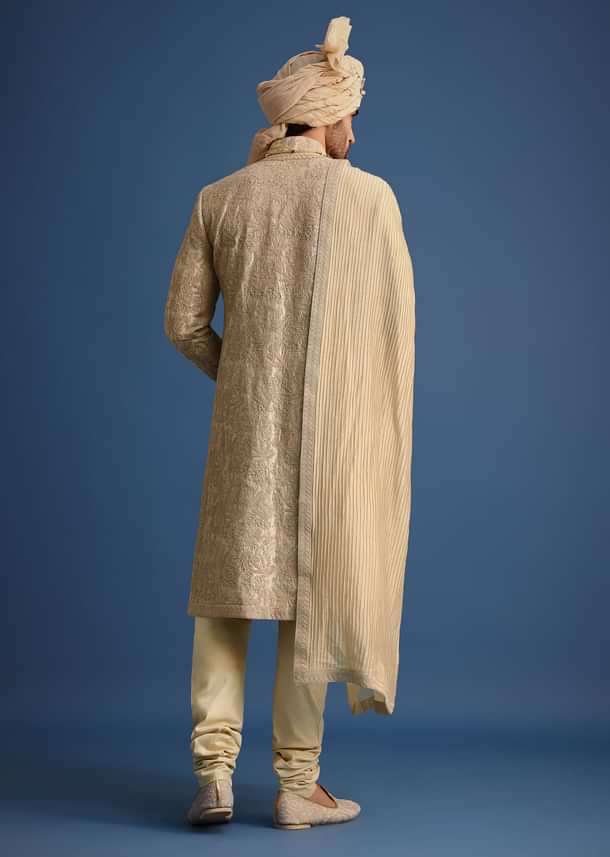 Gold Zari Embroidered Sherwani Suit With Mandarin Collar