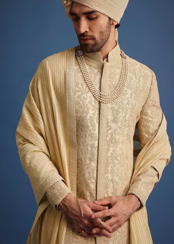 Gold Zari Embroidered Sherwani Suit With Mandarin Collar