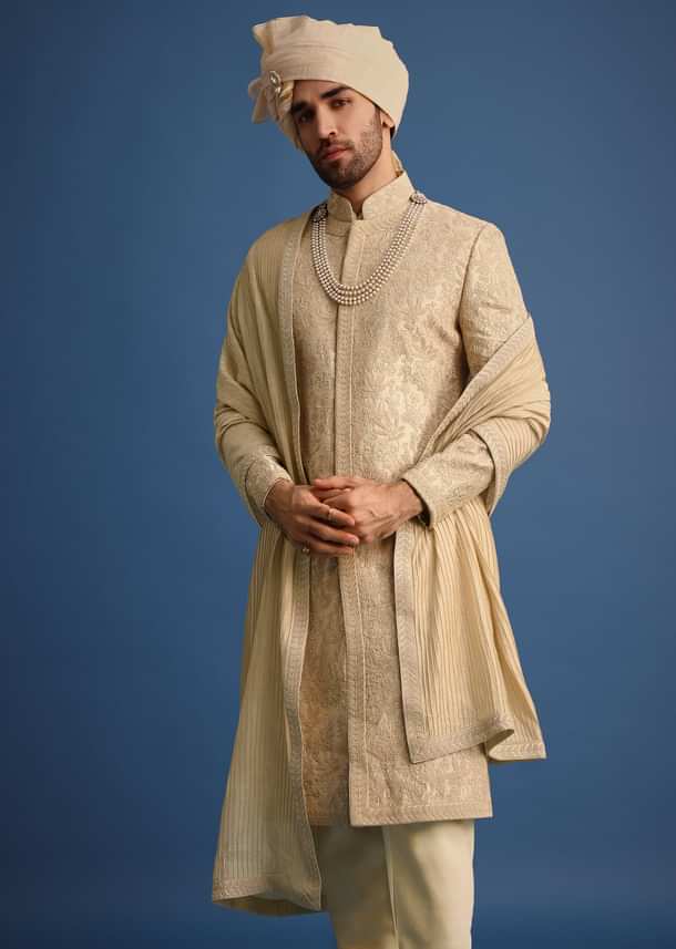Gold Zari Embroidered Sherwani Suit With Mandarin Collar