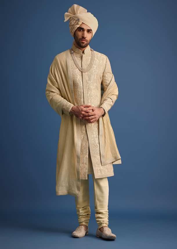 Gold Zari Embroidered Sherwani Suit With Mandarin Collar