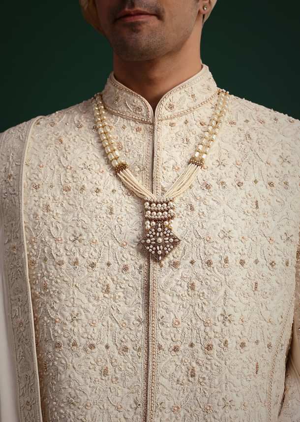 Gold Zari Embroidered Sherwani With Anarkali Kurta And Dupatta