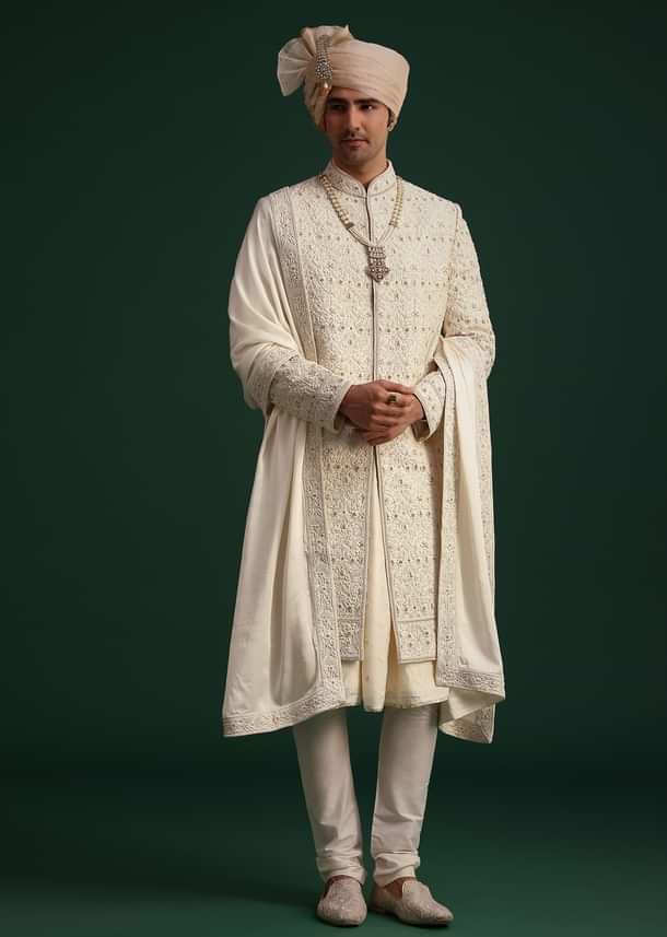 Gold Zari Embroidered Sherwani With Anarkali Kurta And Dupatta