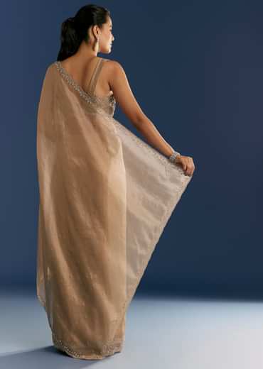 Golden Beige Organza Tissue Saree With Cut Dana And Stone Embellishments