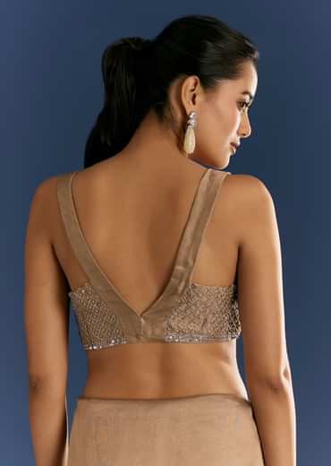 Golden Beige Organza Tissue Saree With Cut Dana And Stone Embellishments