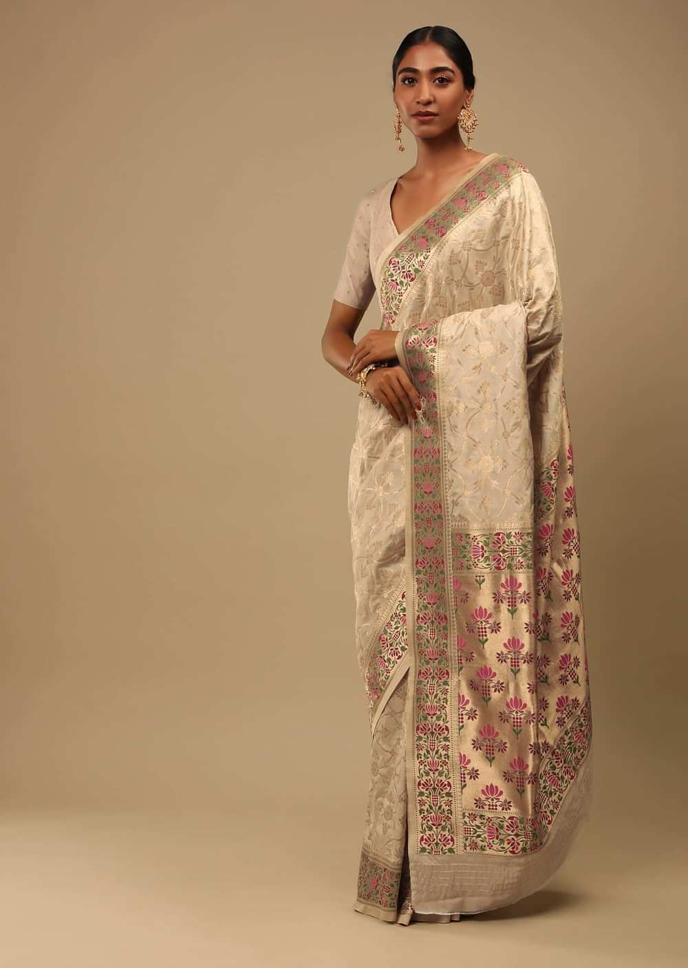 Golden Beige Saree In Art Handloom Silk With Woven Jaal, Multicolored Floral Pallu And Unstitched Blouse