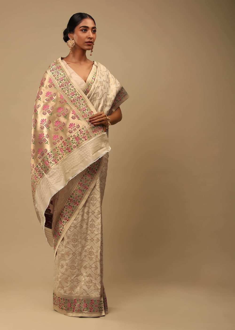 Golden Beige Saree In Art Handloom Silk With Woven Jaal, Multicolored Floral Pallu And Unstitched Blouse