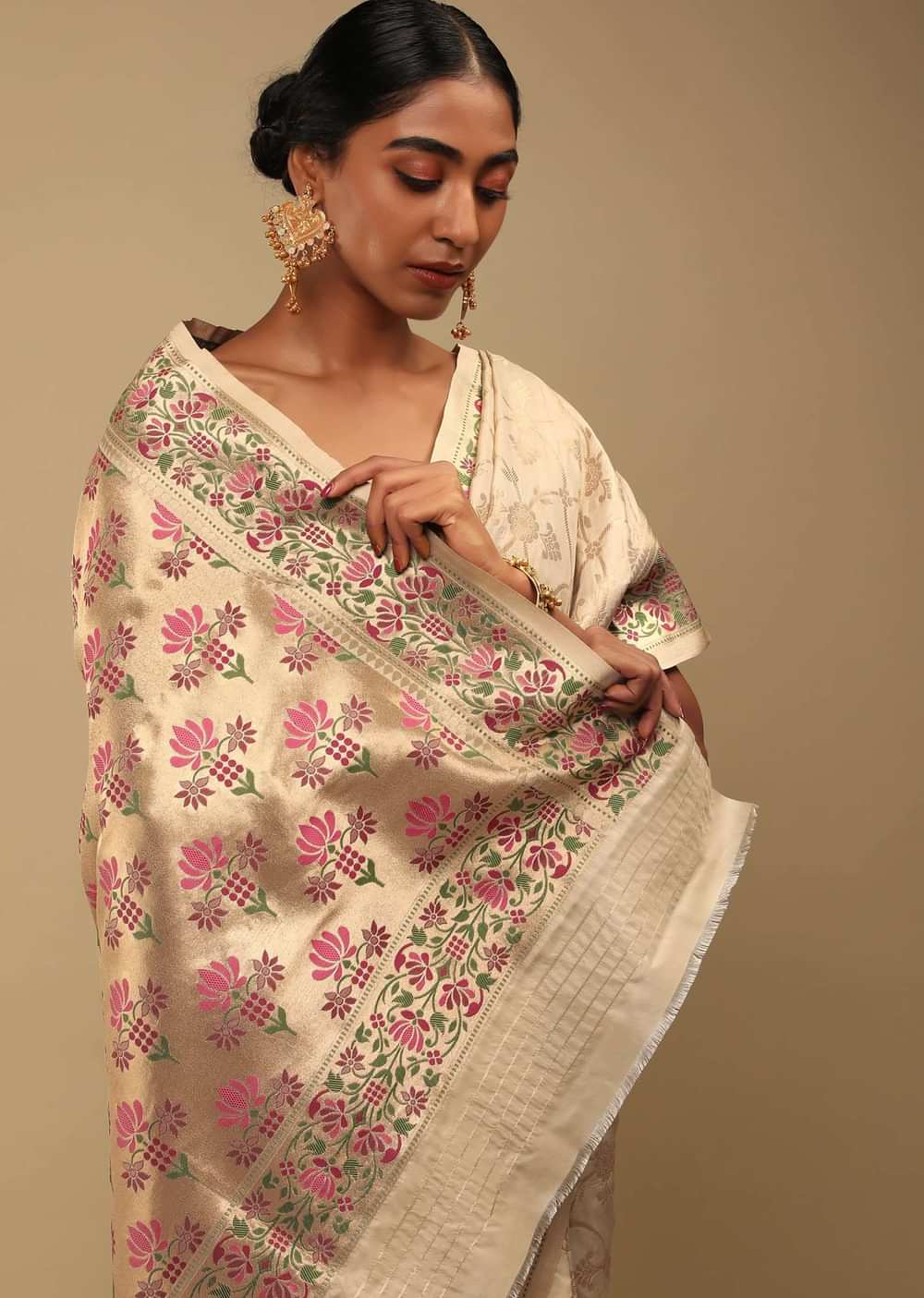 Golden Beige Saree In Art Handloom Silk With Woven Jaal, Multicolored Floral Pallu And Unstitched Blouse