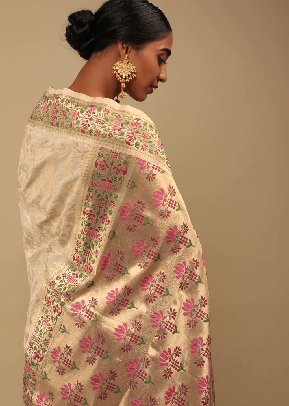 Golden Beige Saree In Art Handloom Silk With Woven Jaal, Multicolored Floral Pallu And Unstitched Blouse