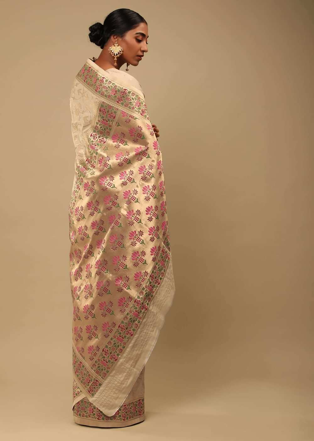 Golden Beige Saree In Art Handloom Silk With Woven Jaal, Multicolored Floral Pallu And Unstitched Blouse