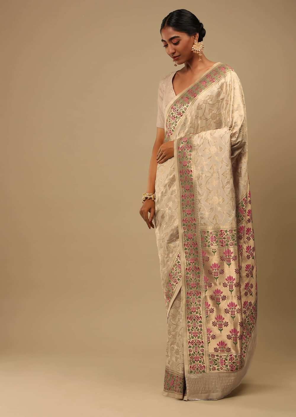 Golden Beige Saree In Art Handloom Silk With Woven Jaal, Multicolored Floral Pallu And Unstitched Blouse