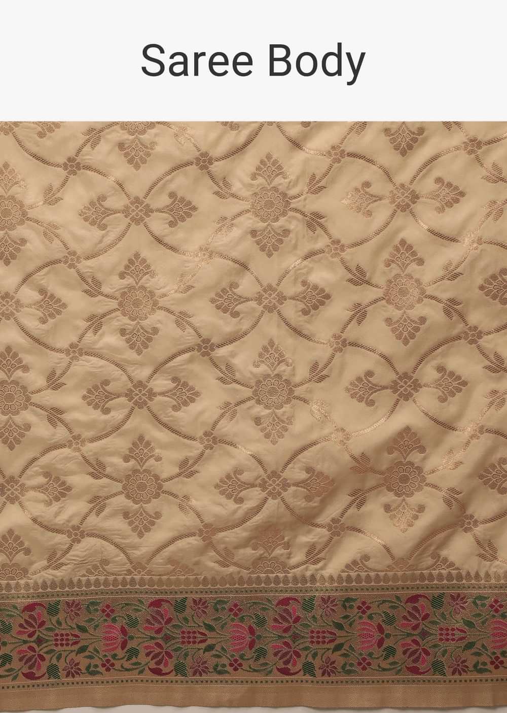 Golden Beige Saree In Art Handloom Silk With Woven Jaal, Multicolored Floral Pallu And Unstitched Blouse