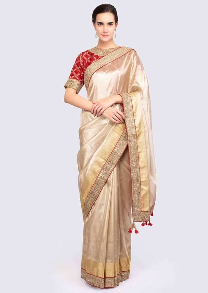 Golden Saree In Linen With Contrasting Red Brocade Silk Blouse Online - Kalki Fashion
