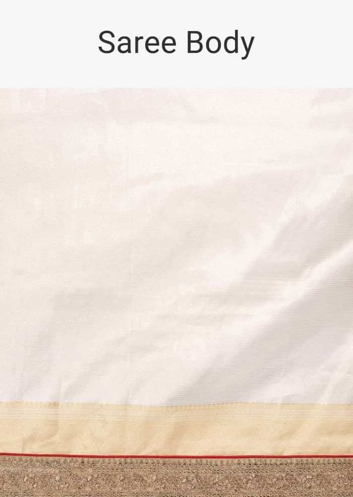 Golden Saree In Linen With Contrasting Red Brocade Silk Blouse Online - Kalki Fashion