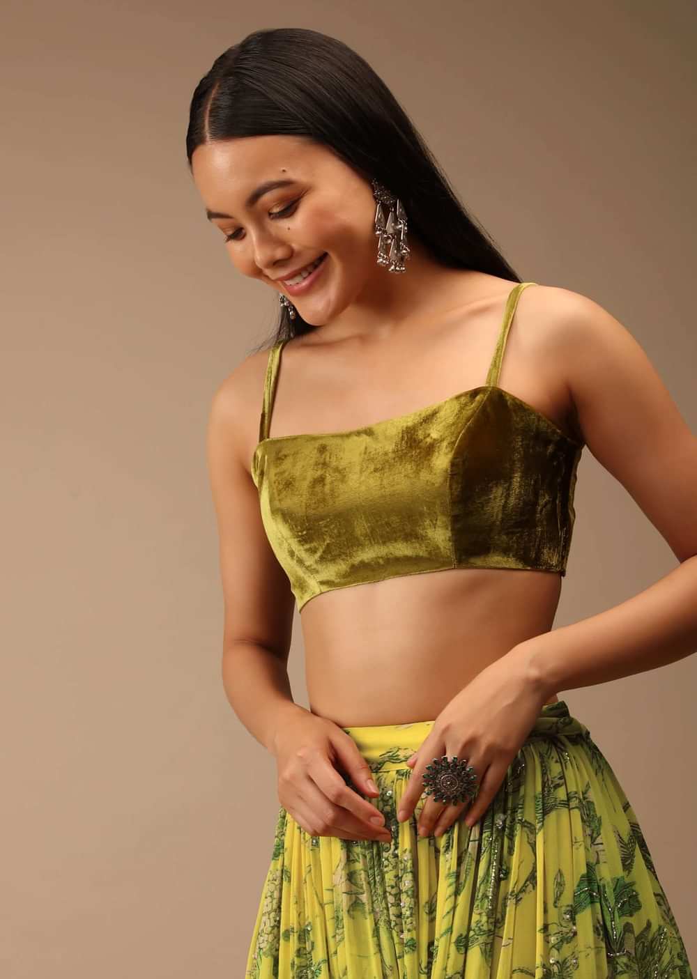 Golden Olive Green Blouse In Velvet With Strap Sleeves And Straight Across Neckline