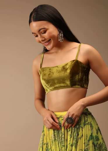 Golden Olive Green Blouse In Velvet With Strap Sleeves And Straight Across Neckline