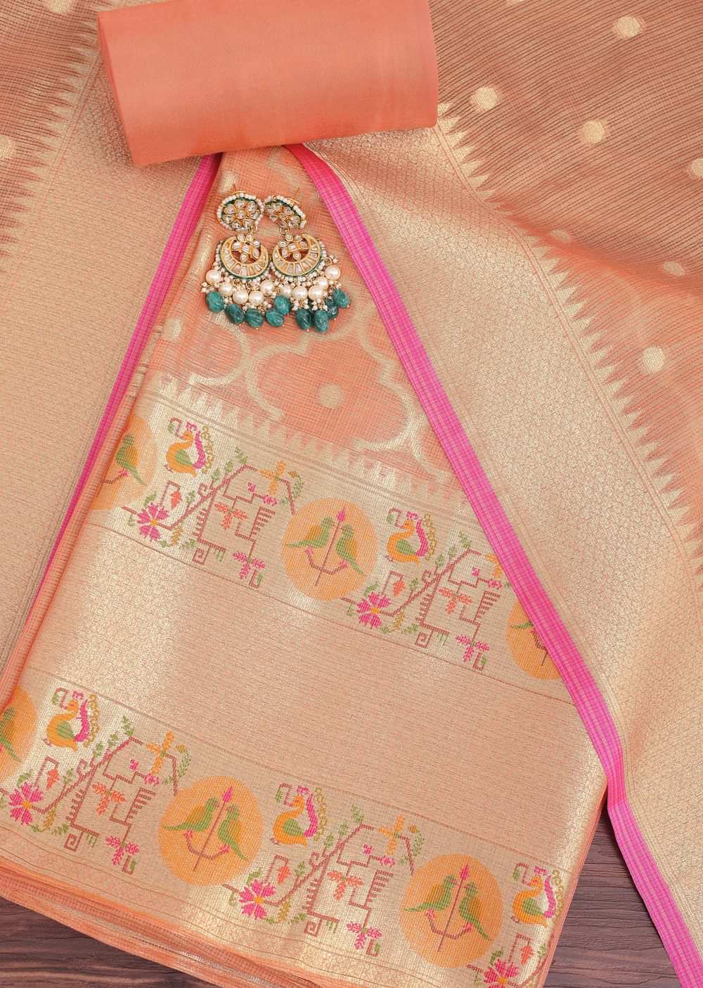 Golden Peach Paithani Woven Silk Dress Material