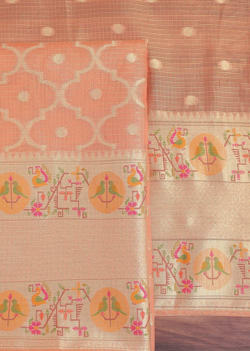 Golden Peach Paithani Woven Silk Dress Material
