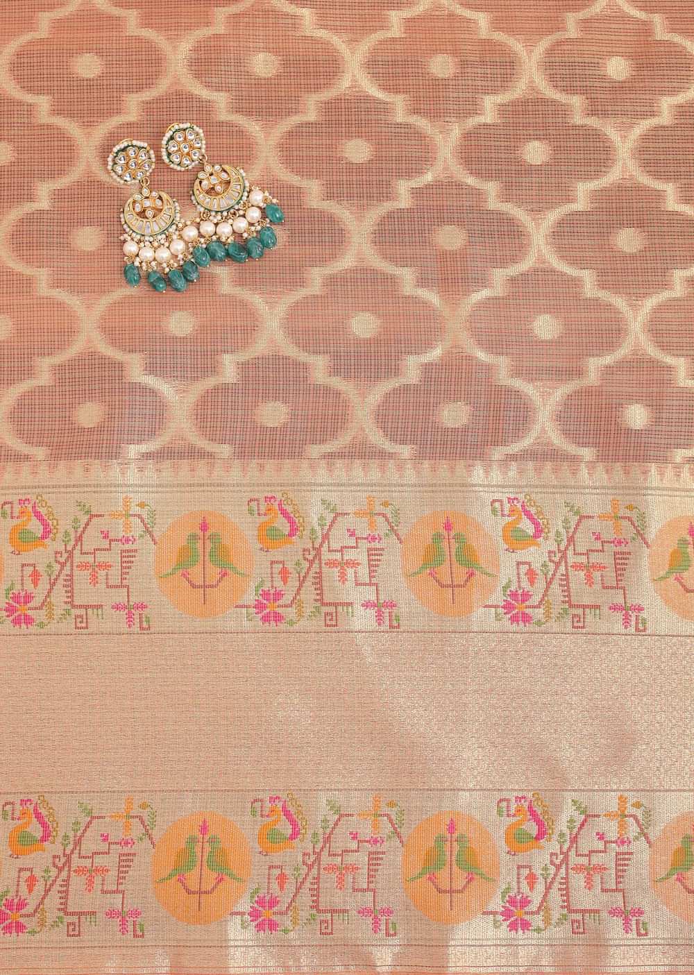 Golden Peach Paithani Woven Silk Dress Material