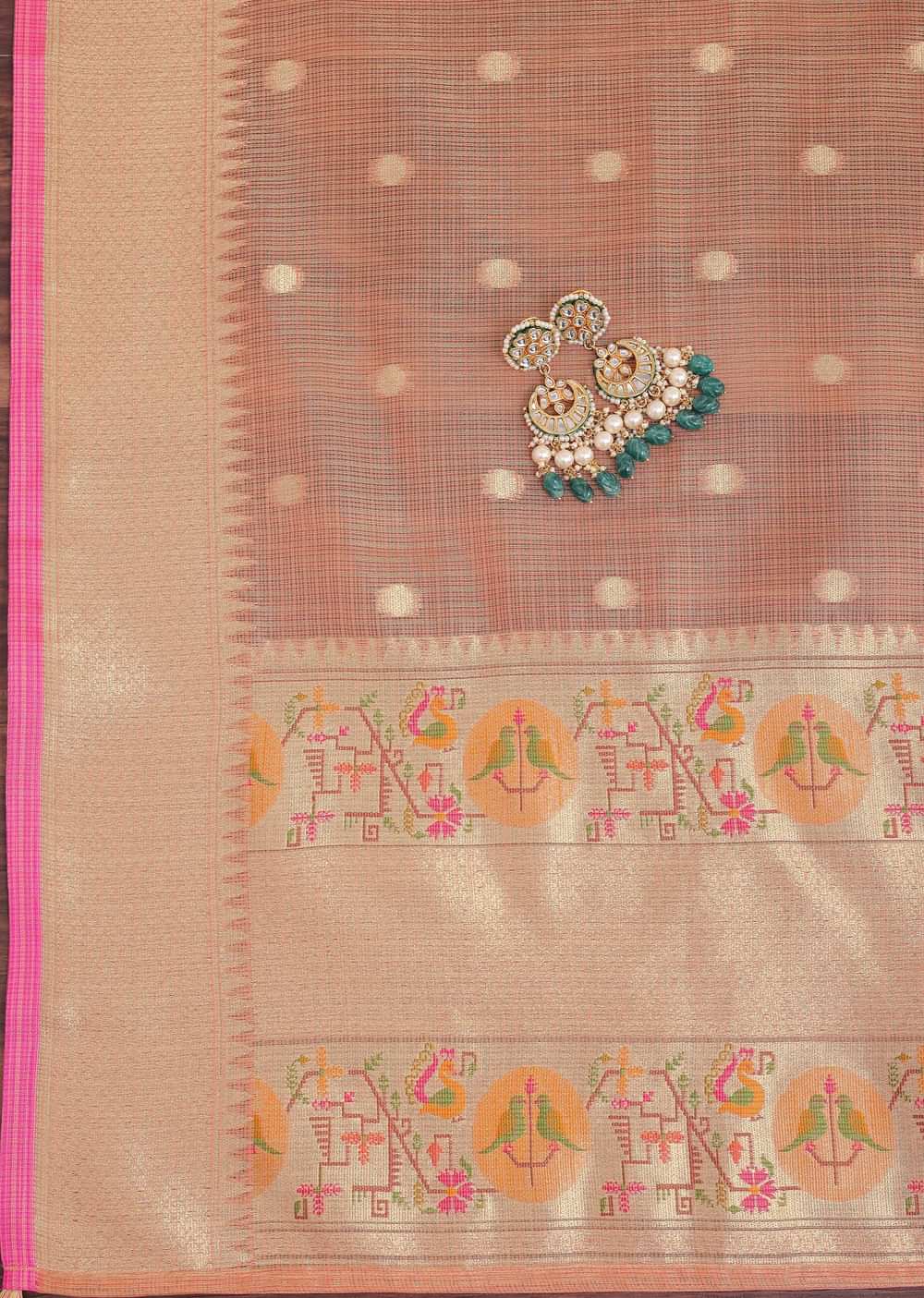 Golden Peach Paithani Woven Silk Dress Material