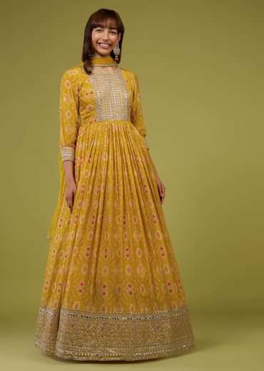 Cyber Yellow Silk Anarkali Suit In Patola Print