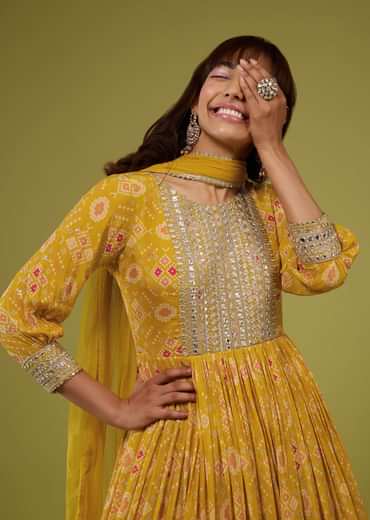 Cyber Yellow Silk Anarkali Suit In Patola Print