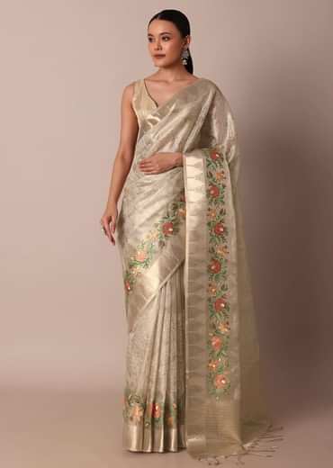 Golden Silk Saree With Exquisite Resham Thread Butti Work