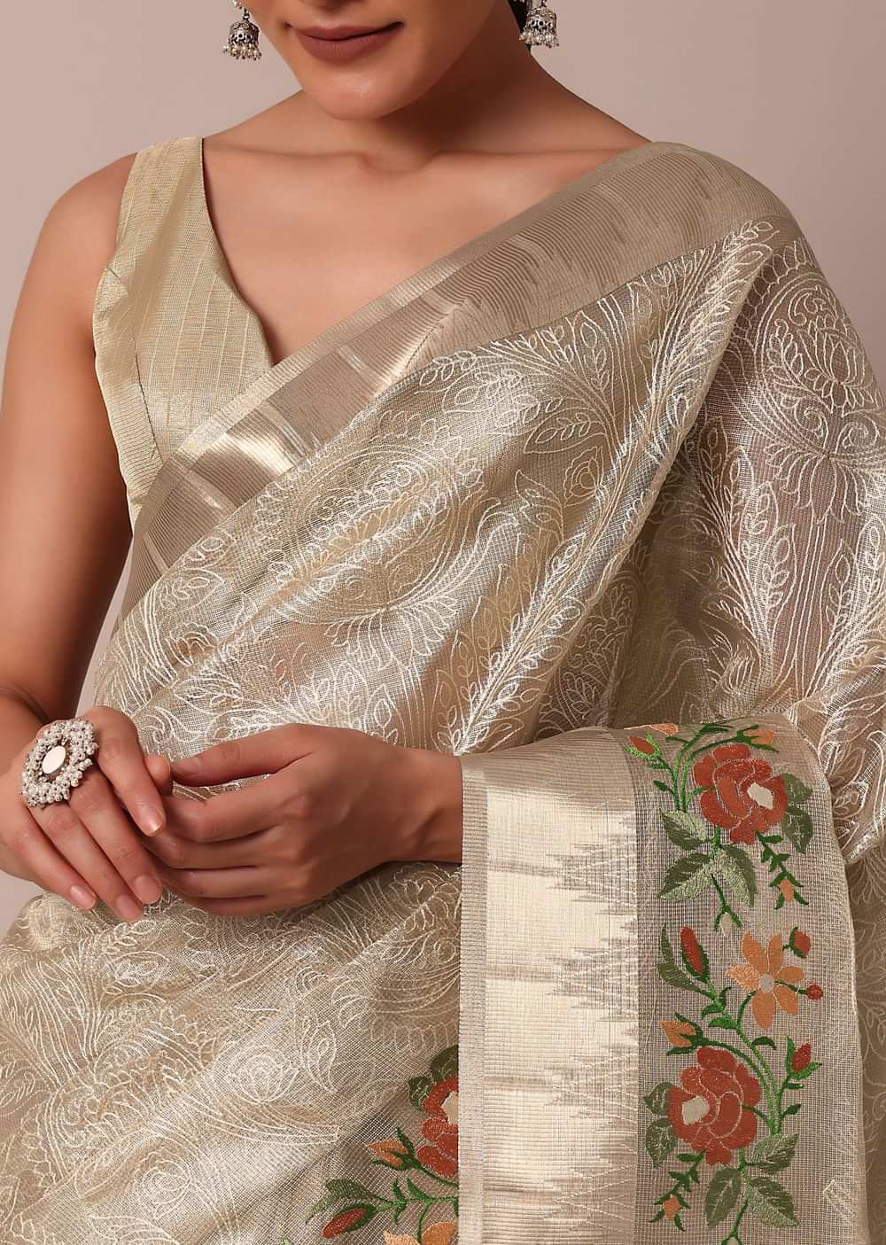 Golden Silk Saree With Exquisite Resham Thread Butti Work