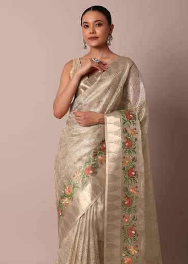 Golden Silk Saree With Exquisite Resham Thread Butti Work
