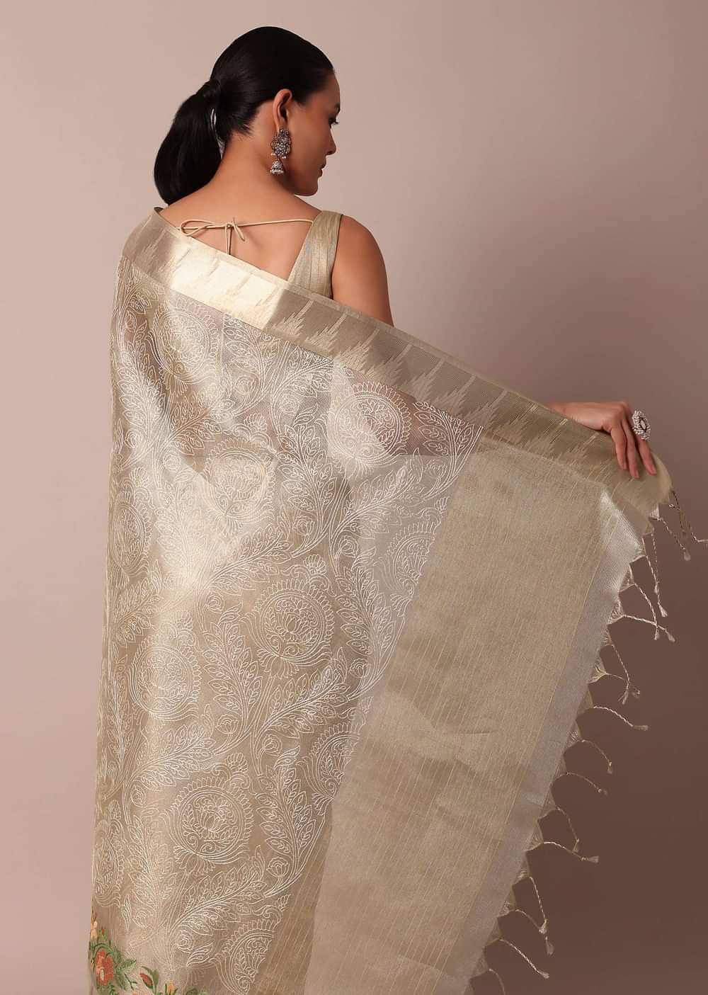 Golden Silk Saree With Exquisite Resham Thread Butti Work