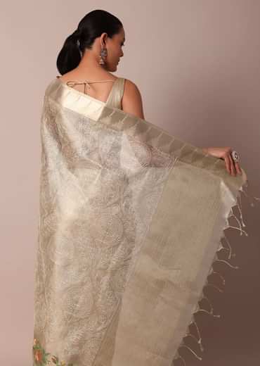 Golden Silk Saree With Exquisite Resham Thread Butti Work