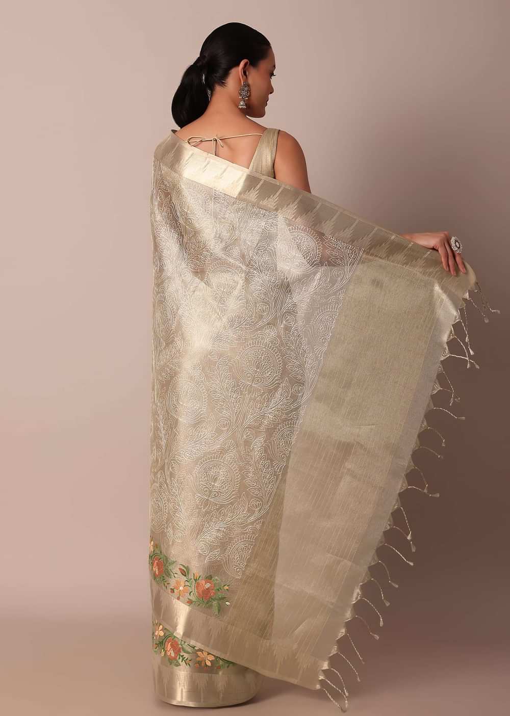 Golden Silk Saree With Exquisite Resham Thread Butti Work