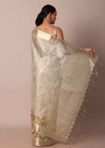 Golden Silk Saree With Exquisite Resham Thread Butti Work