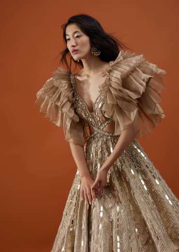 Gold Toned Embroidery Gown With Ruffle Sleeves - NOOR 2022