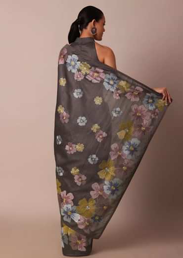 Graceful Grey Saree With Exquisite Thread Resham Work
