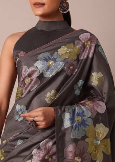 Graceful Grey Saree With Exquisite Thread Resham Work