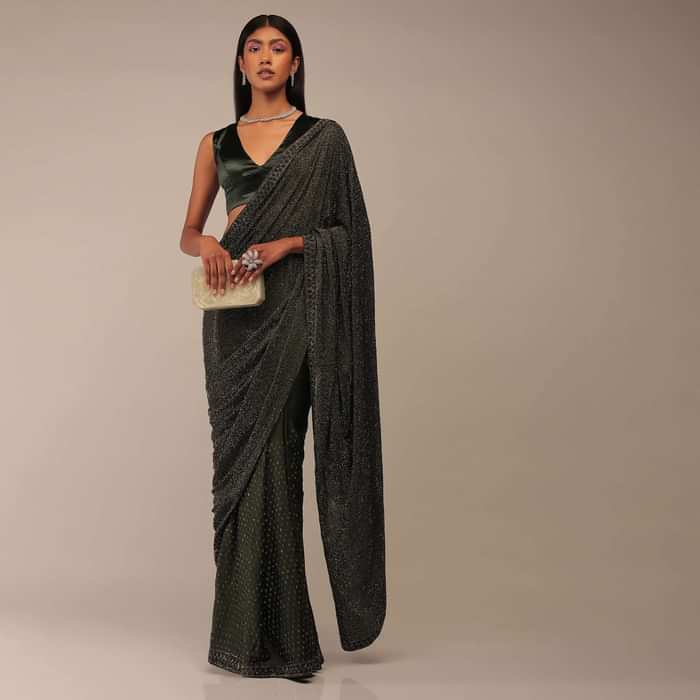 Grape Leaf Saree In Stone Embellishment, Crafted In Satin With Scattered Stones In Geometric Design
