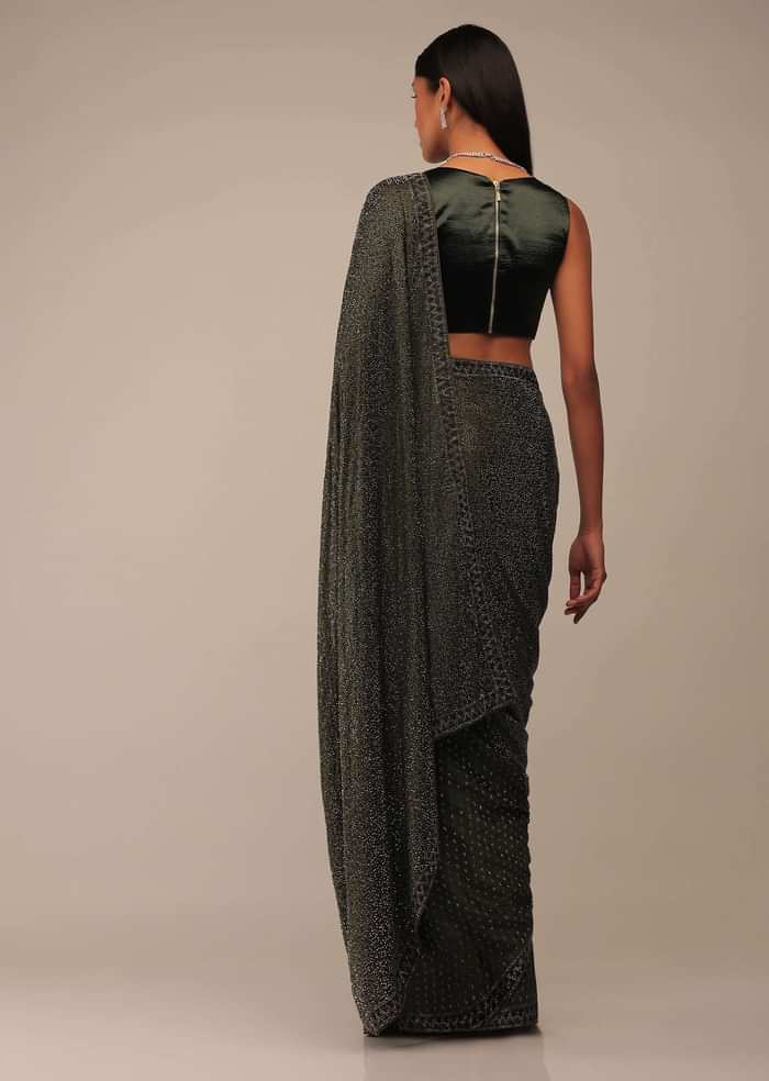 Grape Leaf Saree In Stone Embellishment, Crafted In Satin With Scattered Stones In Geometric Design