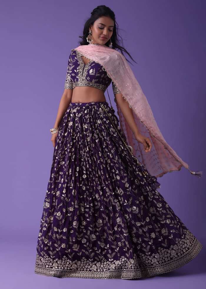 Grape Purple Georgette Lehenga With Zari And Sequins Embroidery