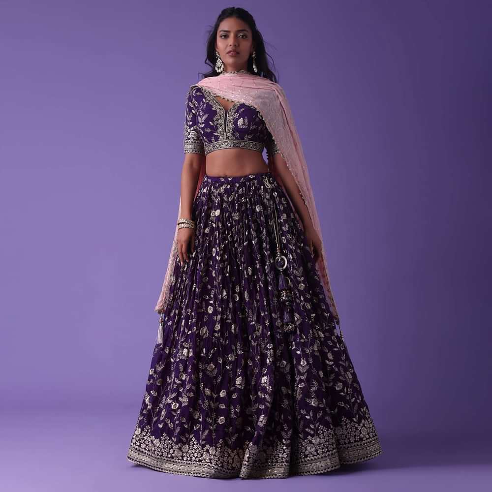 Grape Purple Georgette Lehenga With Zari And Sequins Embroidery