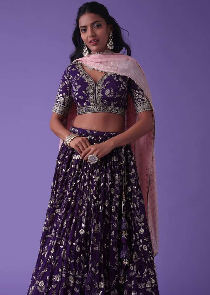 Grape Purple Georgette Lehenga With Zari And Sequins Embroidery