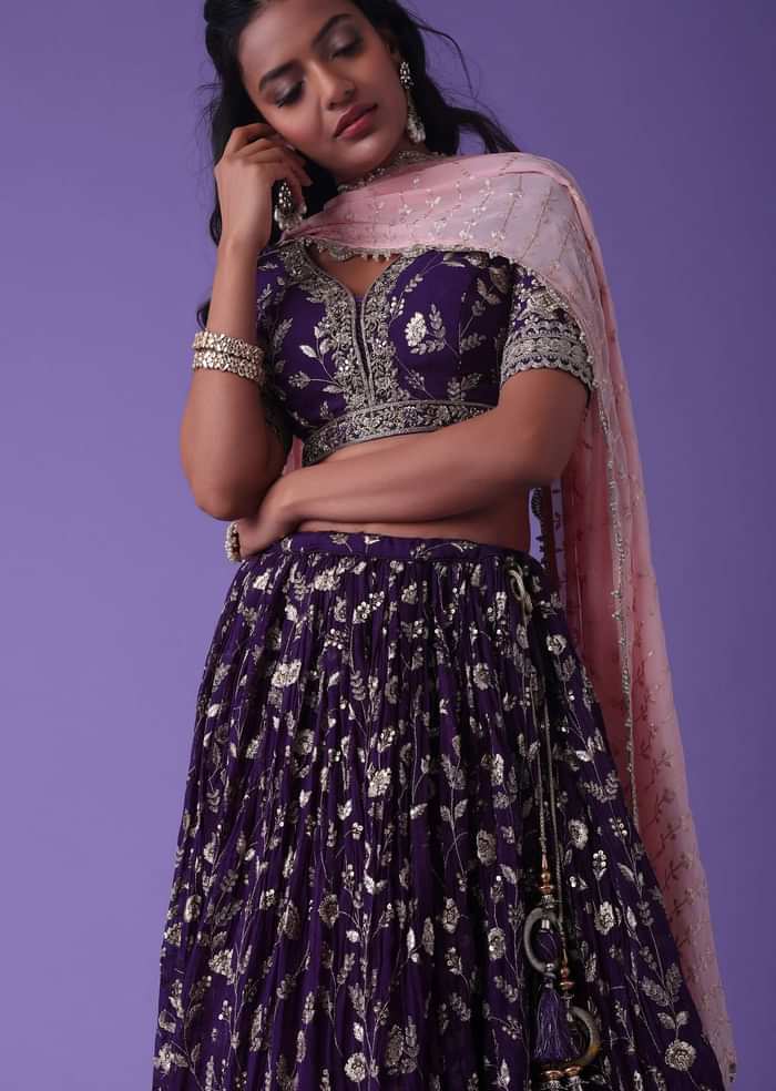 Grape Purple Georgette Lehenga With Zari And Sequins Embroidery