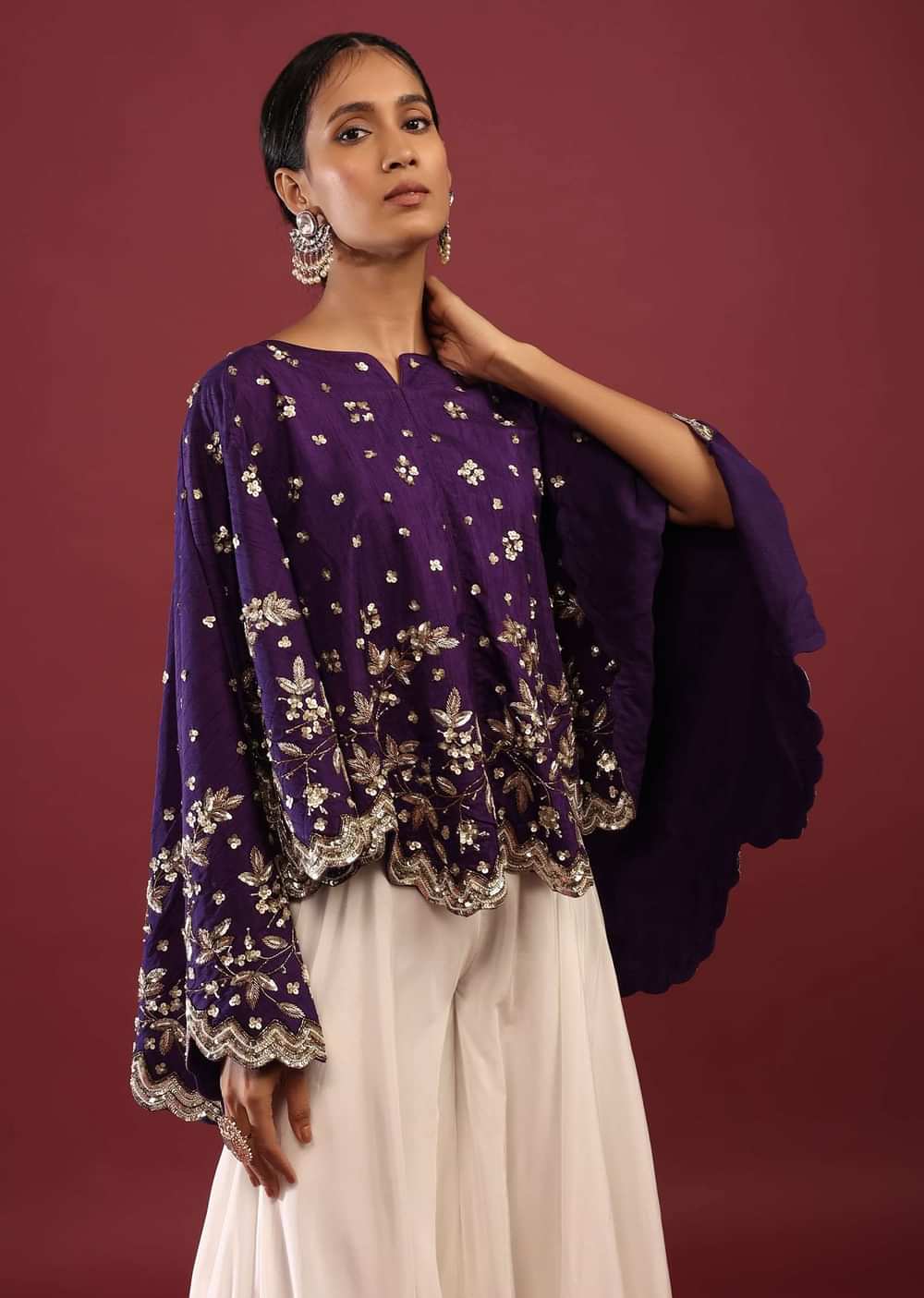 Grape Purple High Low Cape And White Palazzo Suit With Sequins And Zardosi Flowers