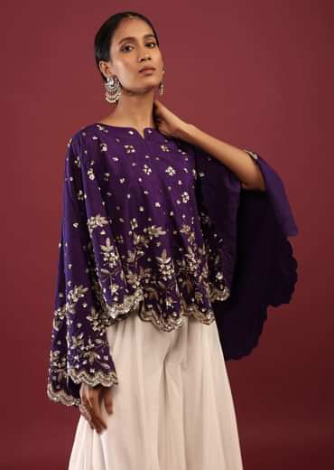 Grape Purple High Low Cape And White Palazzo Suit With Sequins And Zardosi Flowers