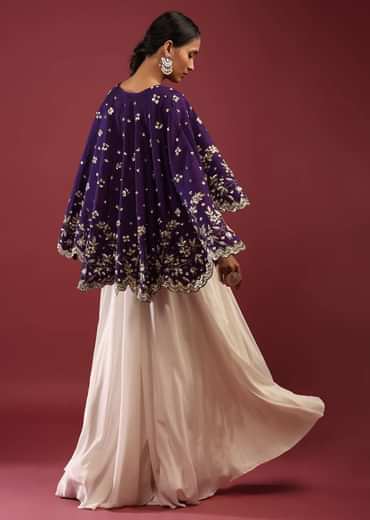Grape Purple High Low Cape And White Palazzo Suit With Sequins And Zardosi Flowers