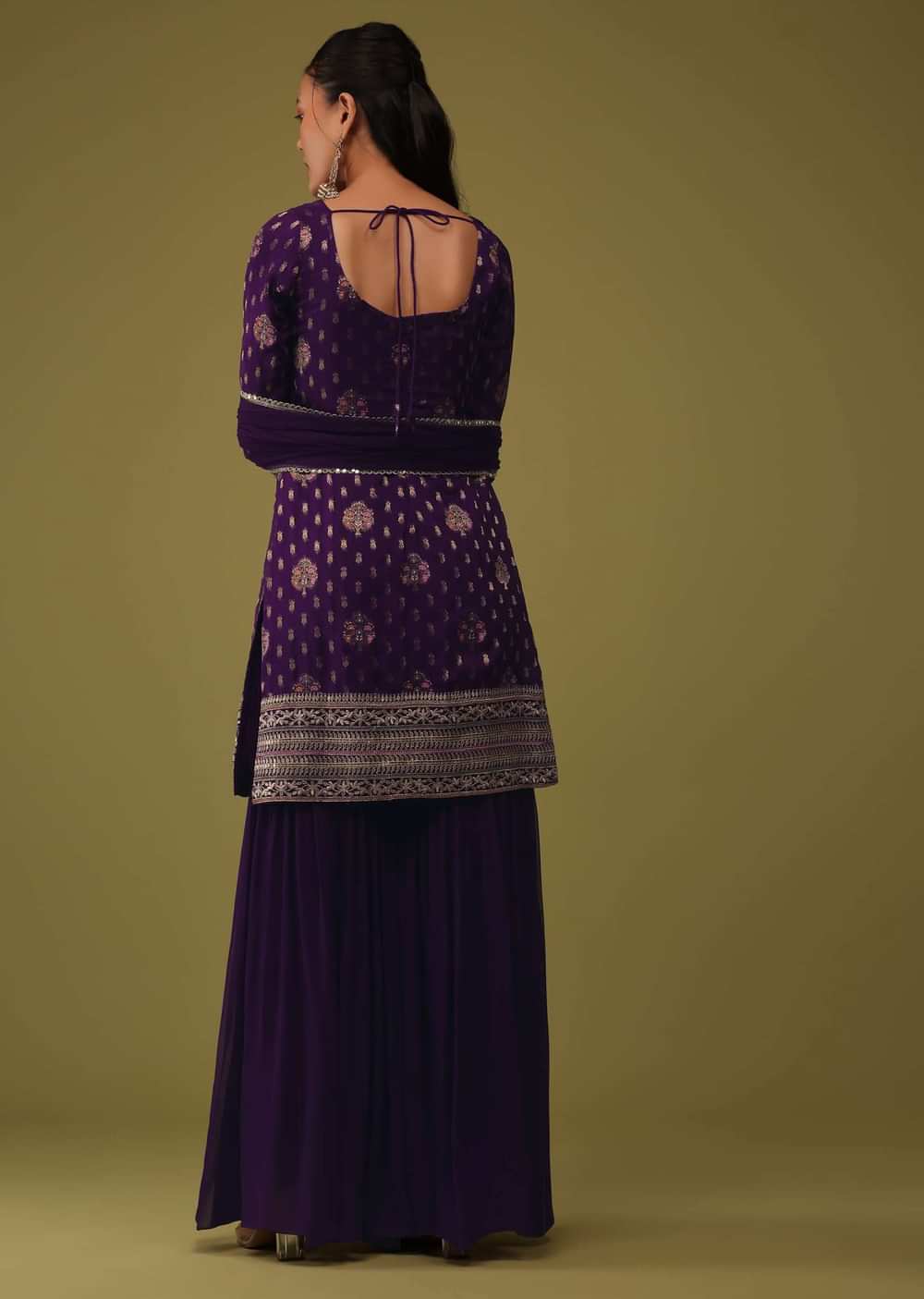 Grape Purple Organza Kurti And Sharara Set In Brocade Weave