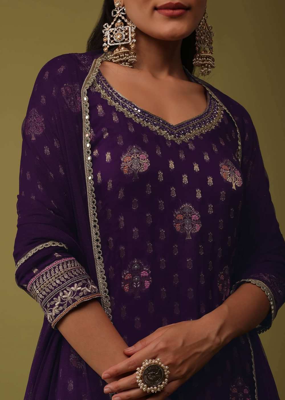 Grape Purple Organza Kurti And Sharara Set In Brocade Weave